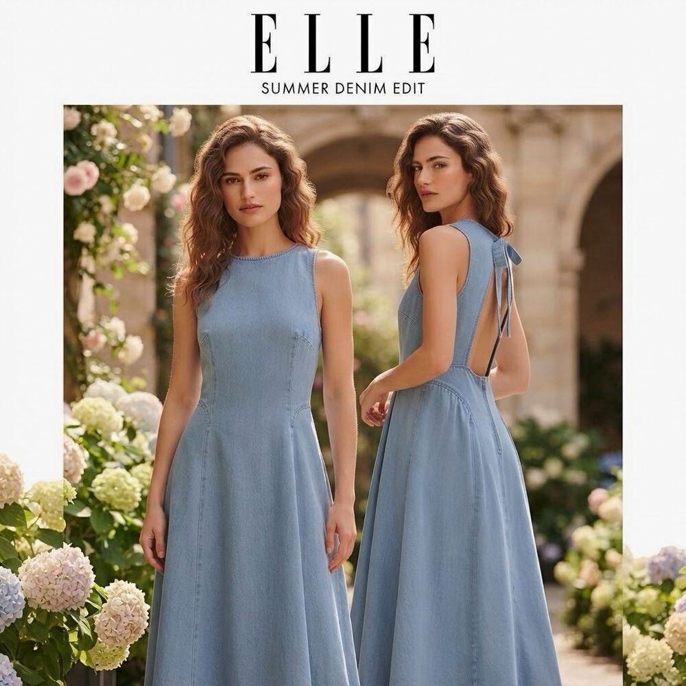 ELLE Light Blue L Denim Midi A-Line Dress Sleeveless Round Neck Zip Tie Jeans
